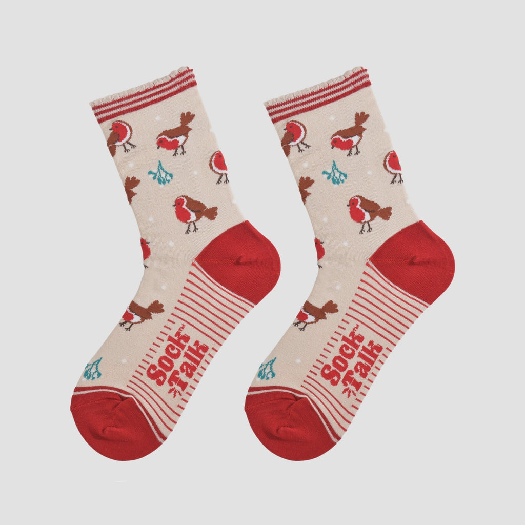 Bamboo Socks - Cream/Red, Christmas Robin (UK 3-7)