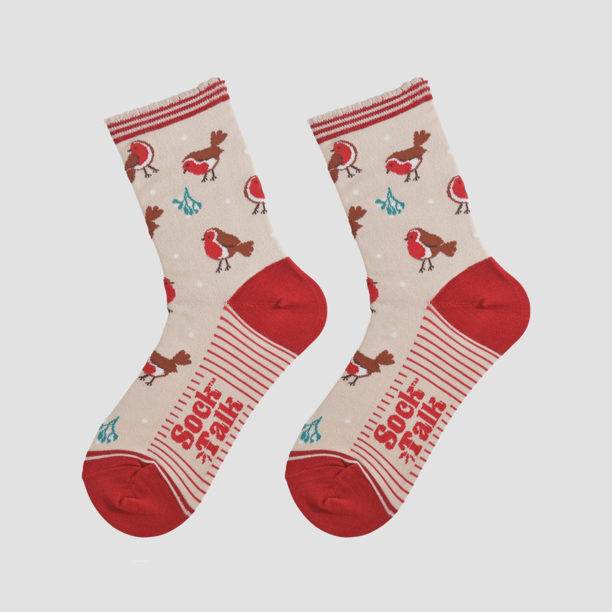 Bamboo Socks - Cream/Red, Christmas Robin (UK 3-7)