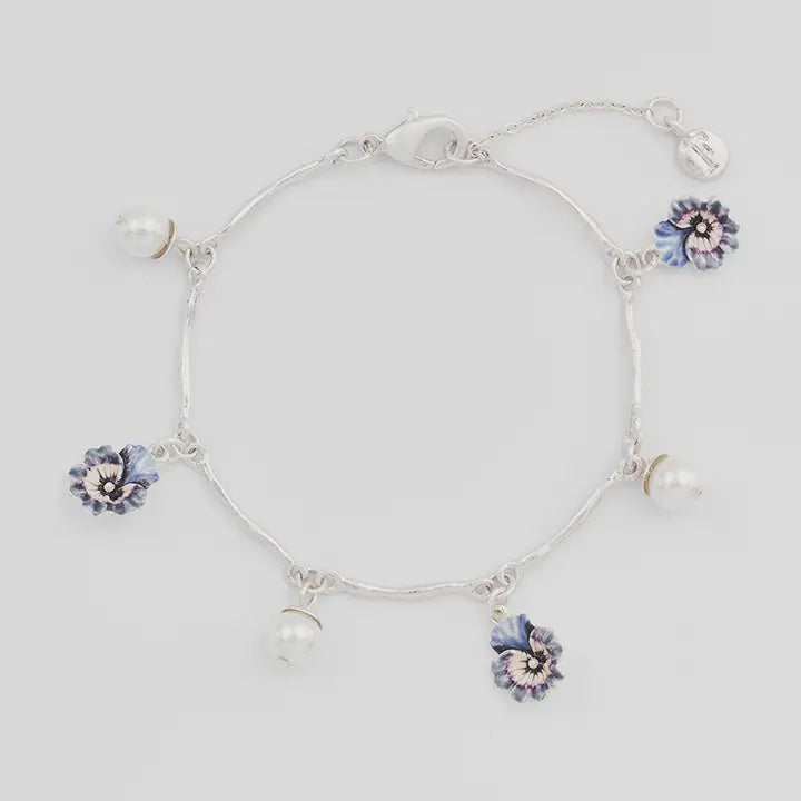 Fable Pansy Pearl Multi Silver Charm Bracelet