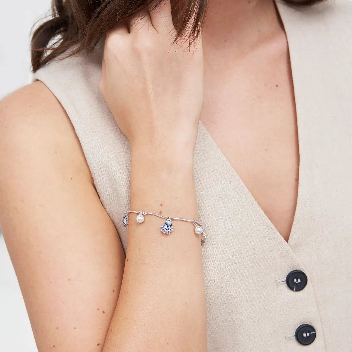 Fable Pansy Pearl Multi Silver Charm Bracelet