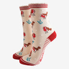 Bamboo Socks - Cream/Red, Christmas Robin (UK 3-7)