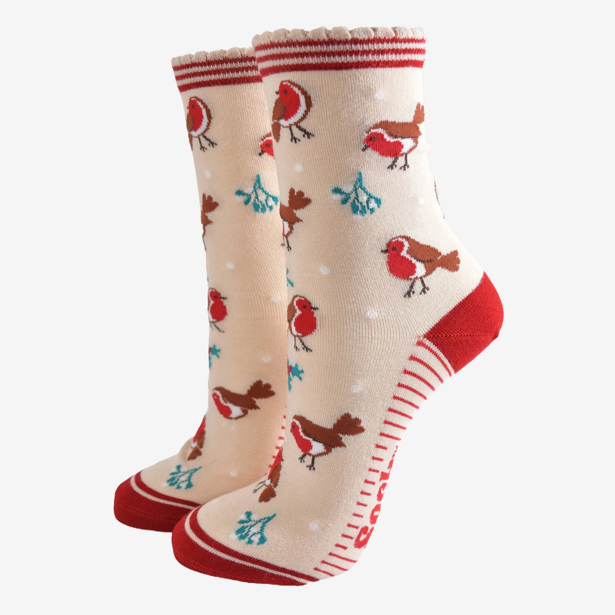Bamboo Socks - Cream/Red, Christmas Robin (UK 3-7)