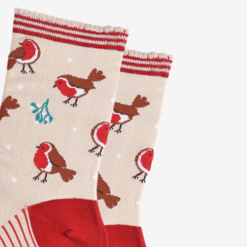 Bamboo Socks - Cream/Red, Christmas Robin (UK 3-7)