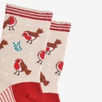 Bamboo Socks - Cream/Red, Christmas Robin (UK 3-7)