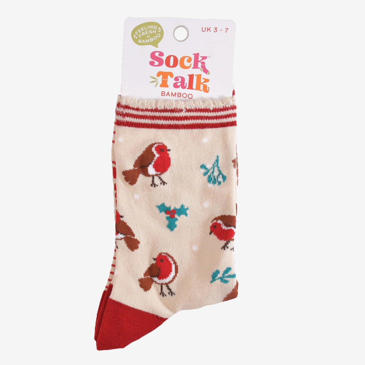 Bamboo Socks - Cream/Red, Christmas Robin (UK 3-7)