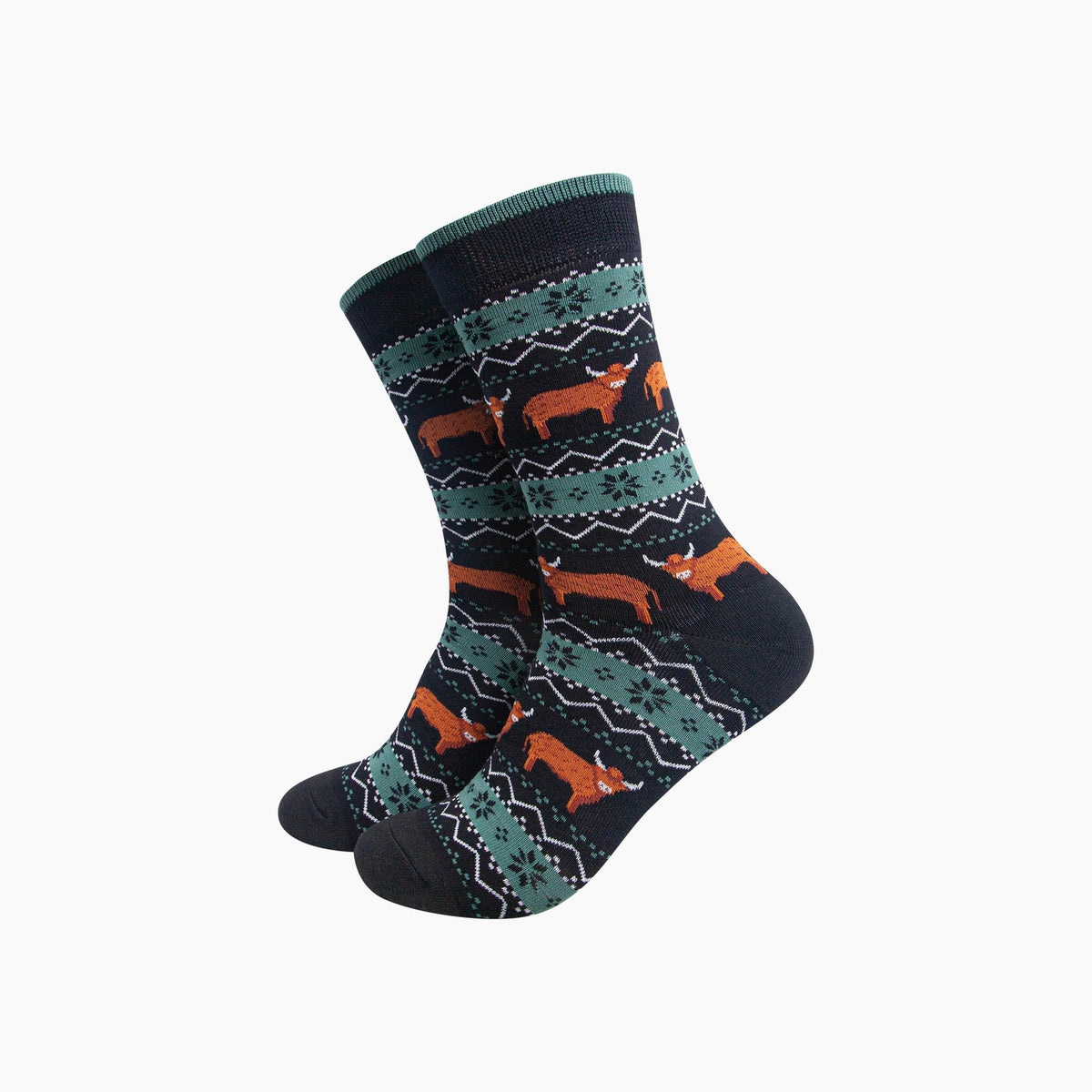 Highland Cow Fair Isle Bamboo Socks in Black/Green (UK 7-11)
