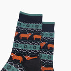 Highland Cow Fair Isle Bamboo Socks in Black/Green (UK 7-11)