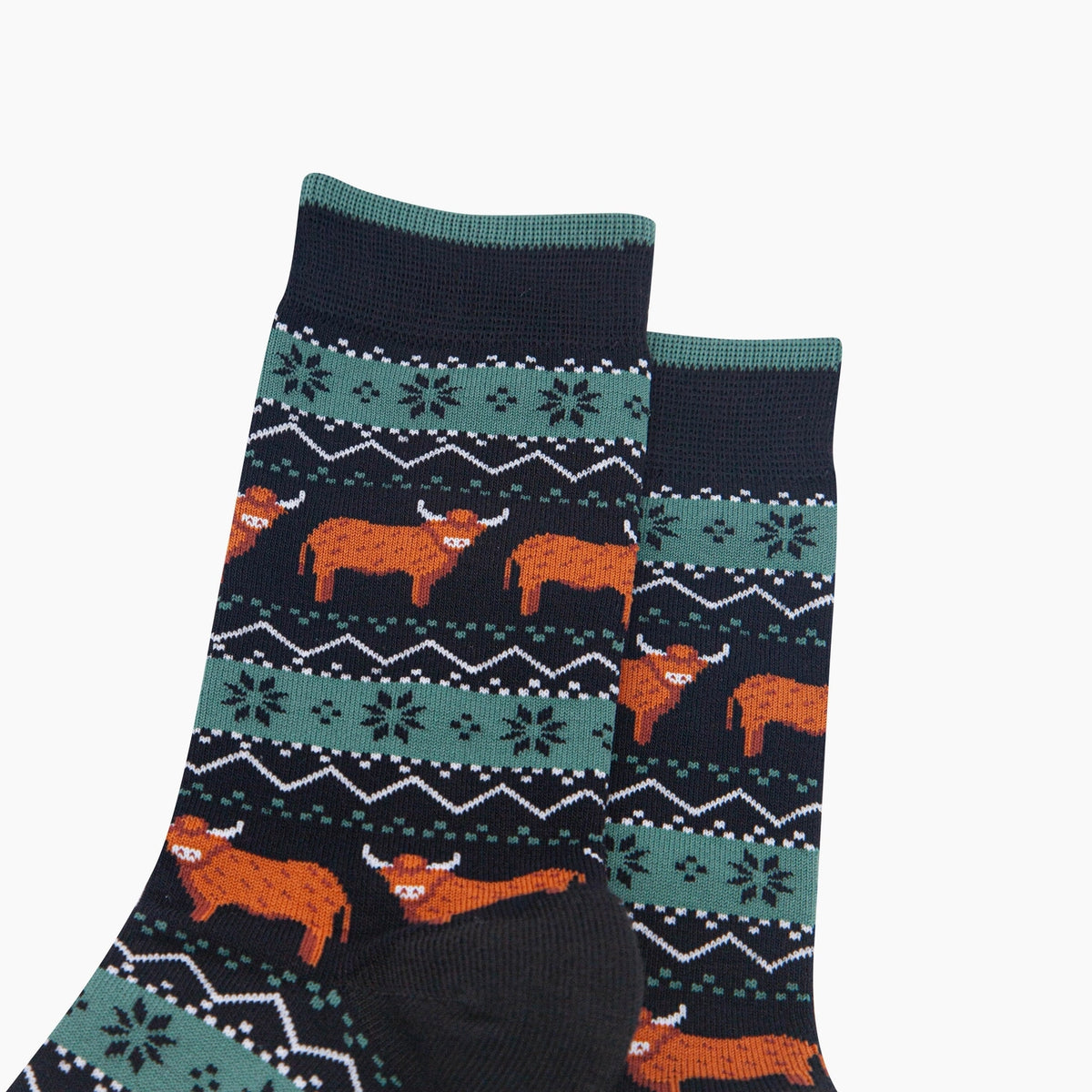 Highland Cow Fair Isle Bamboo Socks in Black/Green (UK 7-11)