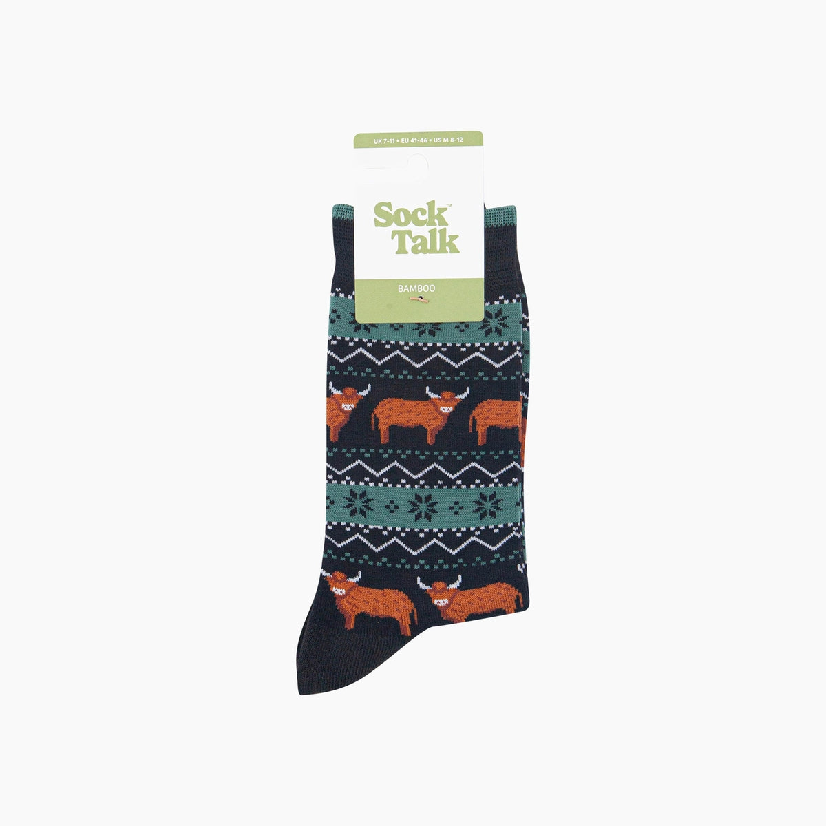 Highland Cow Fair Isle Bamboo Socks in Black/Green (UK 7-11)