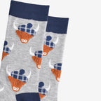 Bamboo Socks - Grey/Navy Blue, Highland Cow Tartan Hat (UK 7-11)