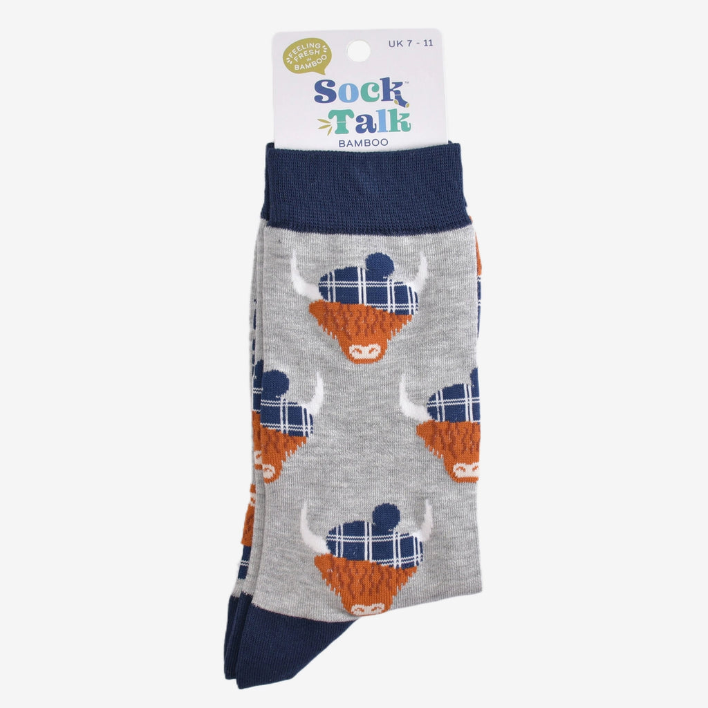 Bamboo Socks - Grey/Navy Blue, Highland Cow Tartan Hat (UK 7-11)