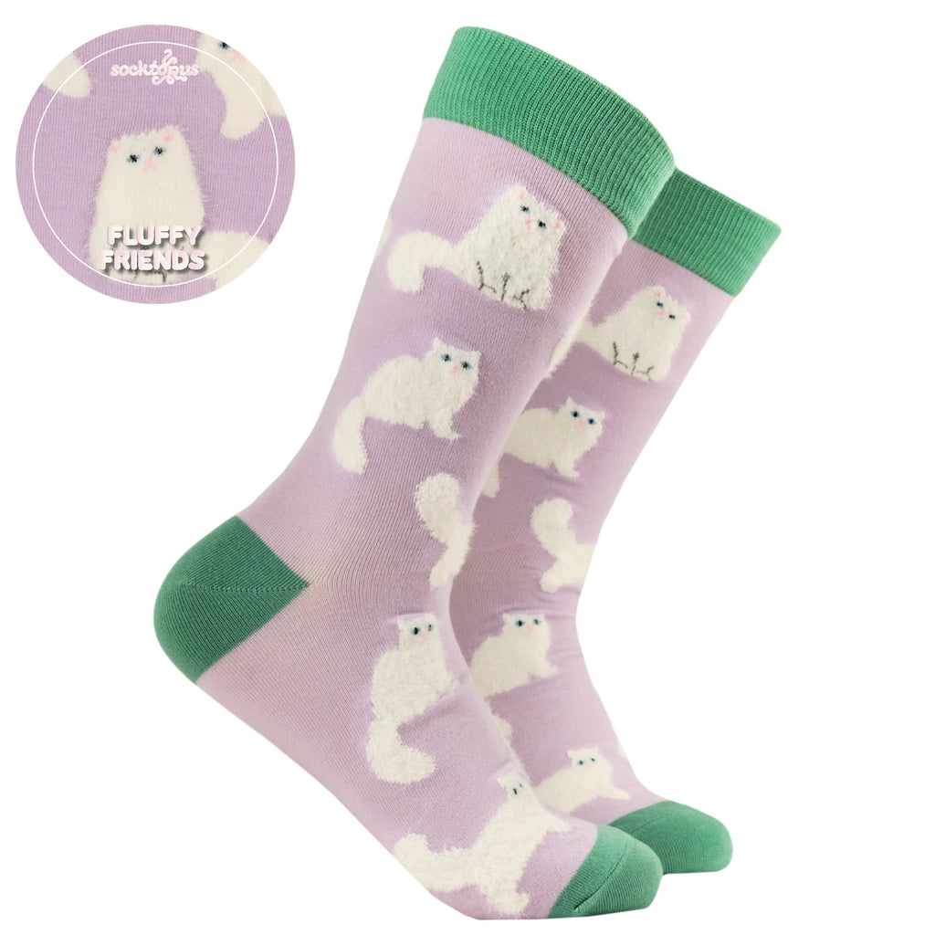 Fluffy White Cats Socks-Lilac/ S