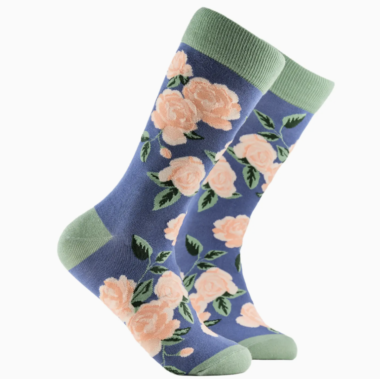 Rose Floral Bamboo Socks-Blue/ S