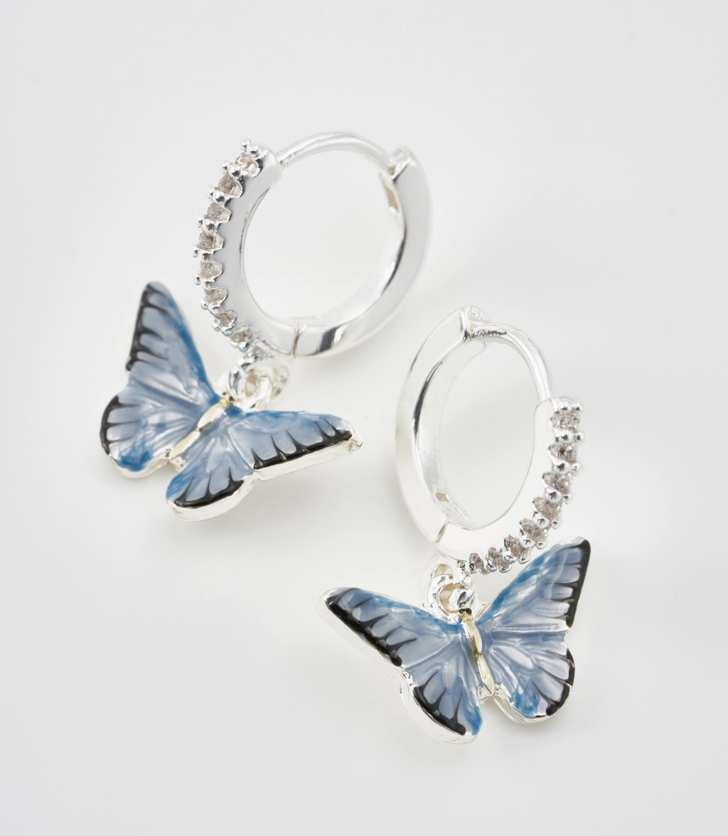 Fable Blue Butterfly Silver Huggie Earrings