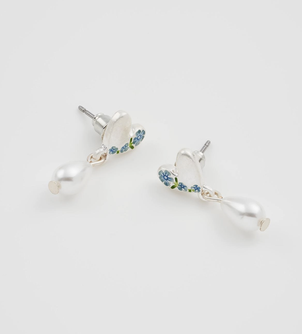 Fable Forget Me Not Heart & Pearl Silver Earrings