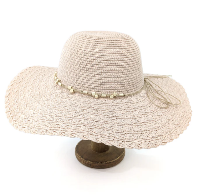 Folding wide brim travel sun hat-pink beaded band