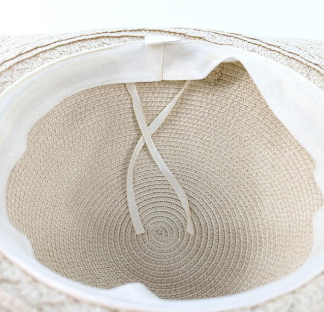 Folding wide brim travel sun hat-pink beaded band