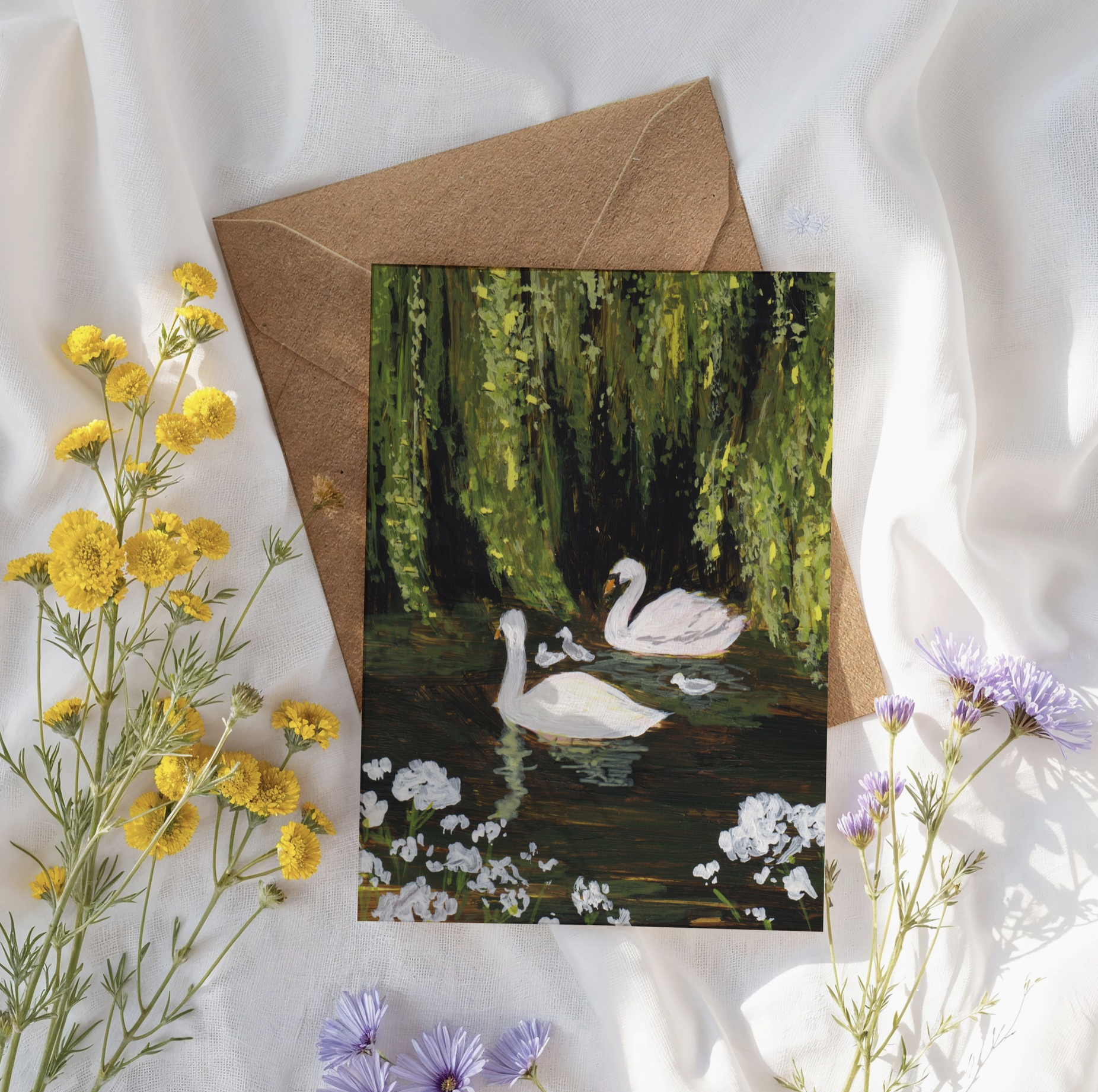 Cottagecore Swans in Willow Tree Blank Greetings Card