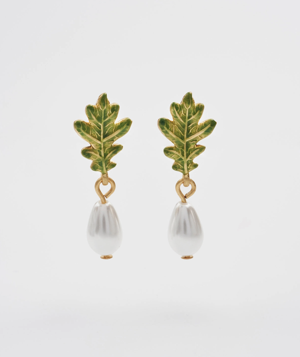 Fable Oak Leaf Pearl Drop Gold Earrings