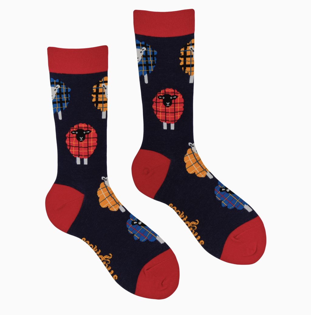 Tartan Sheep Socks-Navy/ S