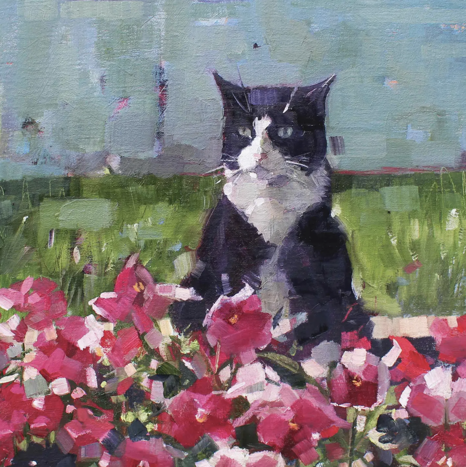 Ringo and Pansies Cat Greeting Card