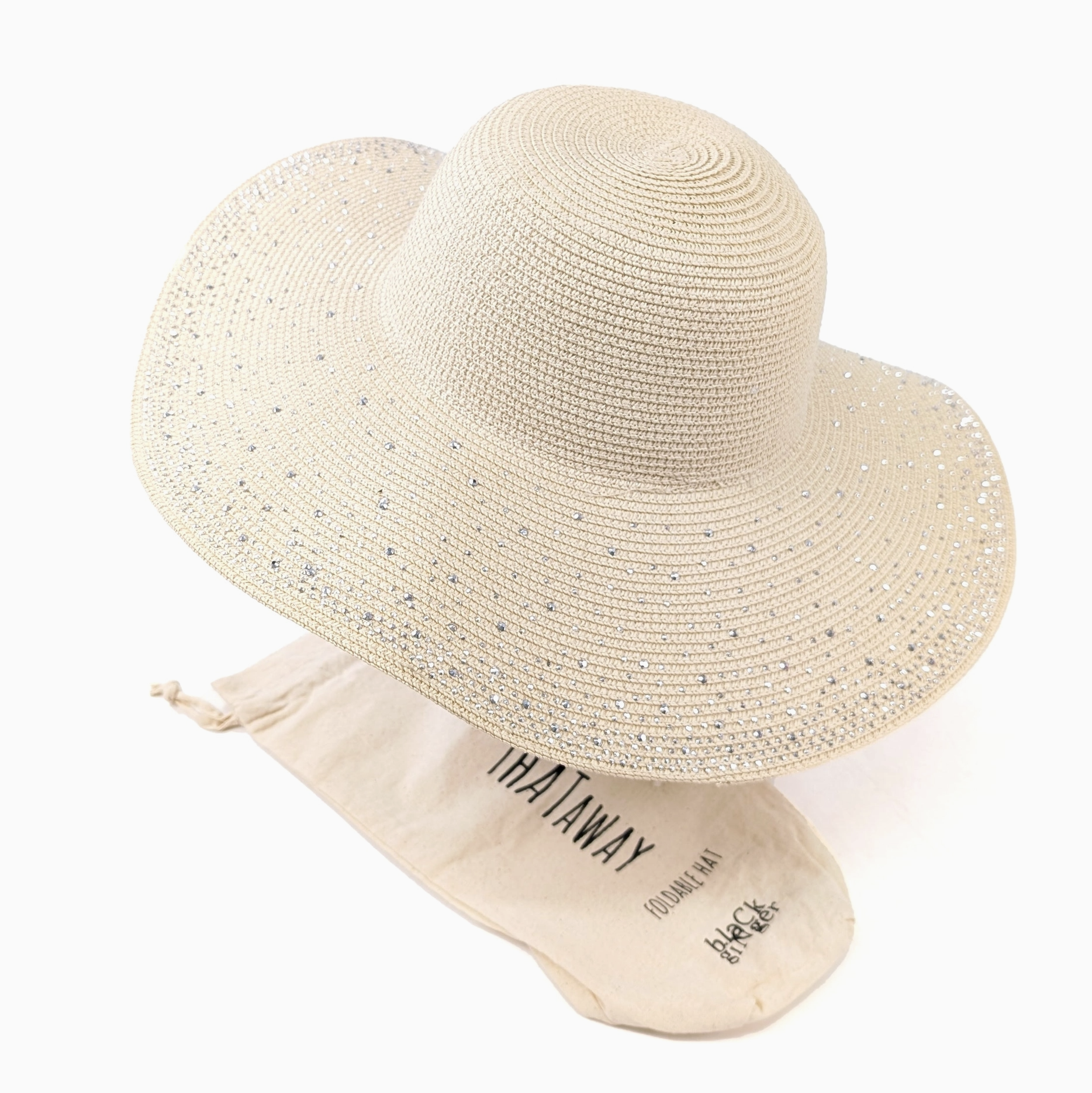 Diamante Wide Brim Foldable Hat (57cm) - Natural