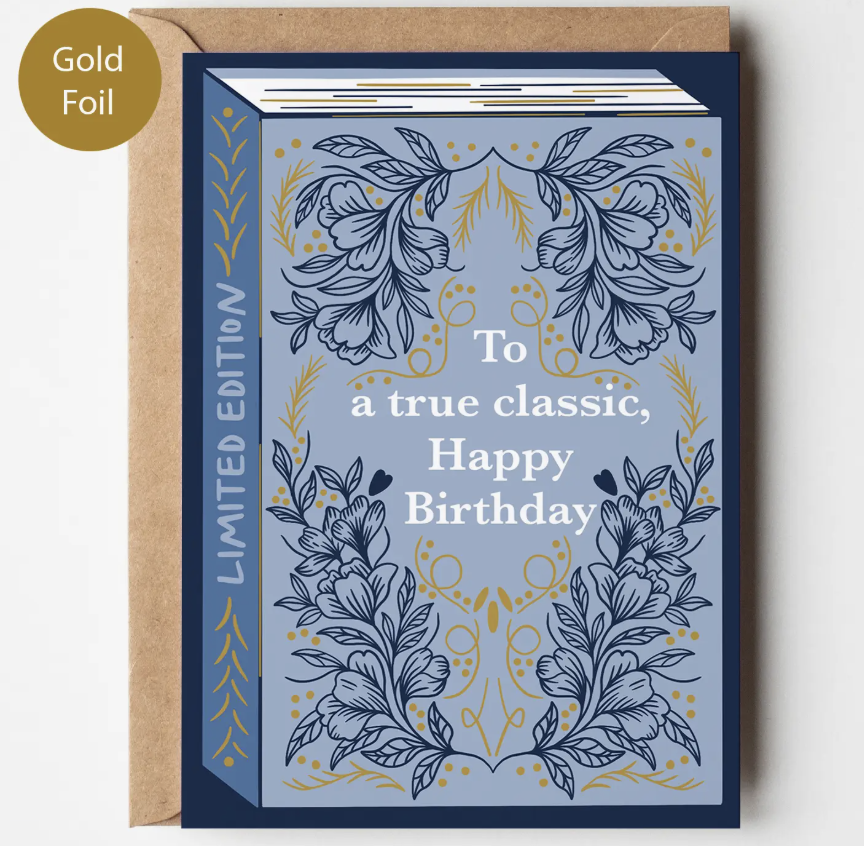 Bookish Birthday Card | Book Lover blue | Die Cut | Gold Foil