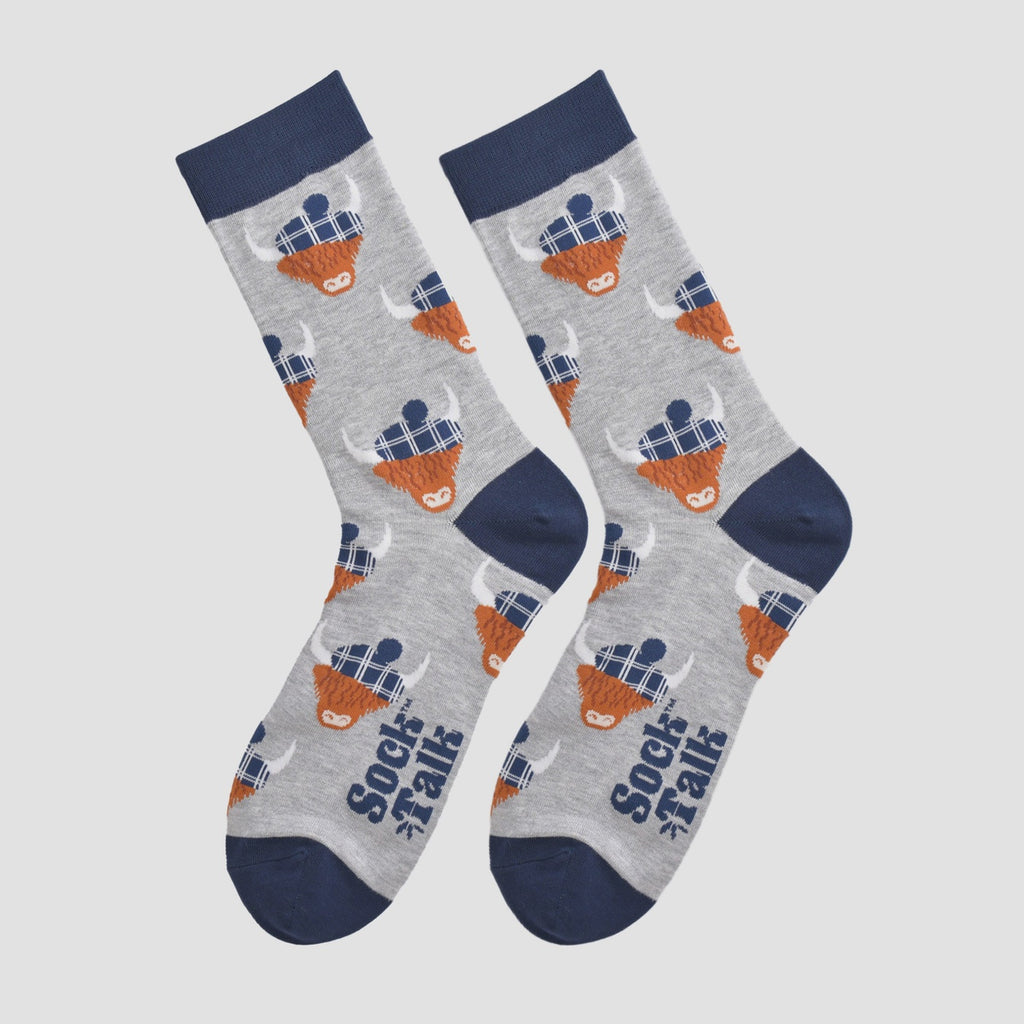 Bamboo Socks - Grey/Navy Blue, Highland Cow Tartan Hat (UK 7-11)