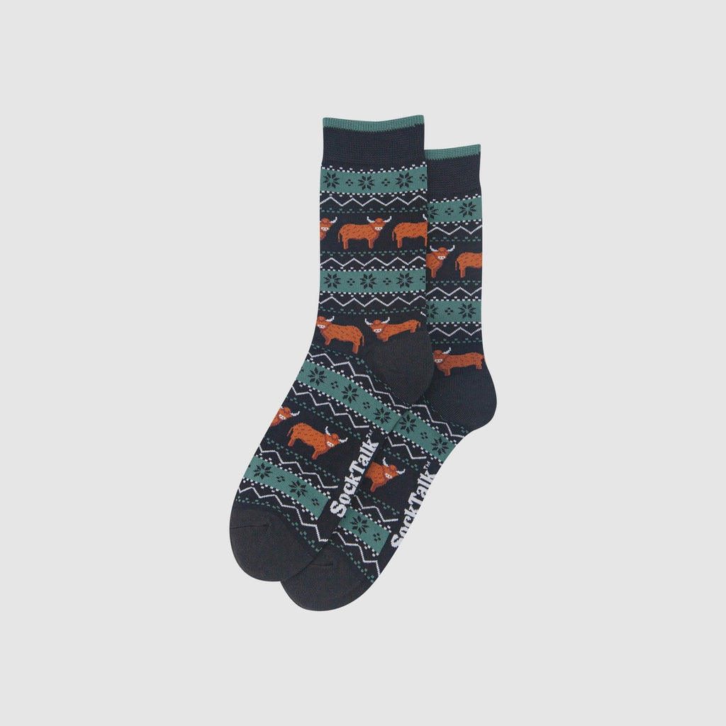 Highland Cow Fair Isle Bamboo Socks in Black/Green (UK 7-11)