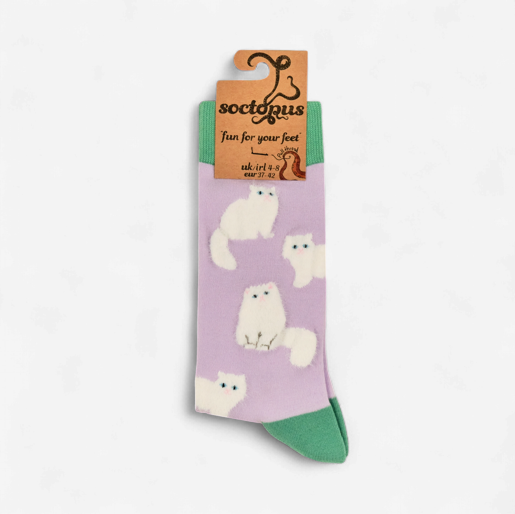 Fluffy White Cats Socks-Lilac/ S